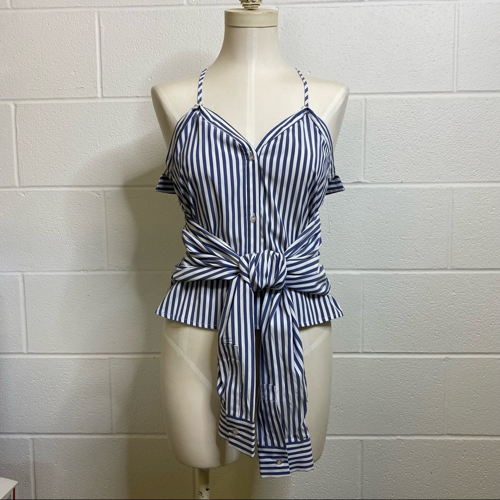 L’academie Revolve Blue White Stripe Button Down Tank Tie Front Size Sma…